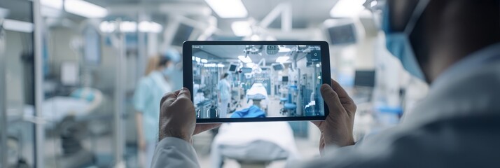 A medical professional uses a tablet to view an augmented reality simulation of a surgical procedure in a blurred clinic room background