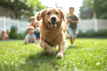 A friendly golden retriever playing fetch with happy family in sunlit backyard. Dog is running with ball in mouth, children laughing, scene is brightly lit, neutral green lawn and white fence.
