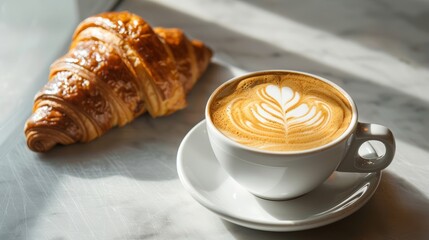 Delicious breakfast with a freshly baked croissant and a cup of coffee latte with beautiful latte art in a cozy cafe setting.