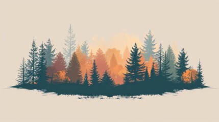Obraz premium Digital art of a forest with various trees in autumn colors, showcasing the beauty of nature and seasonal changes in a tranquil scene.