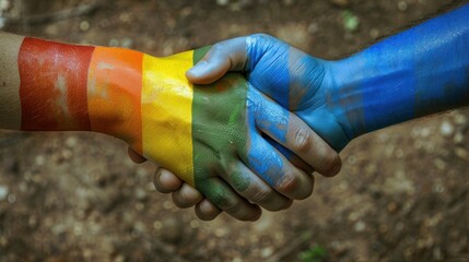 Handshake between LGBT and Luxembourg flags painted on hands, isolated transparent image.