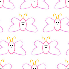 Seamless pattern with cute childish butterflies with funny faces. Vector background in kid core style. Crayon quirky doodles