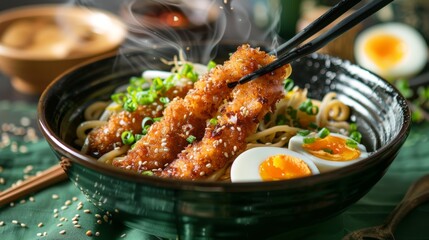 Fototapeta premium Delicious bowl of ramen with crispy tempura, soft-boiled egg, and fresh green onions, elegantly presented with chopsticks. Perfect Asian cuisine.
