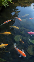 a many fish swimming in a pond with lily pads