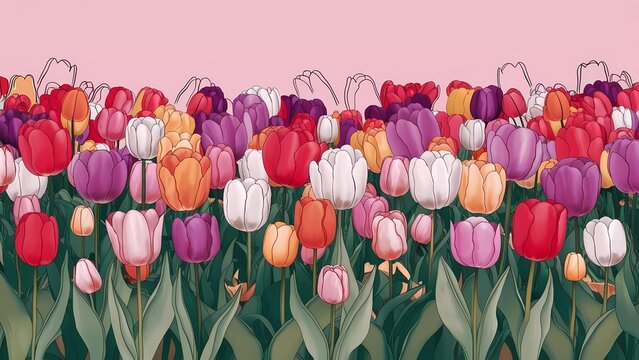 Tulipanes en un campo vibrante con contornos definidos y apariencia rellena, resaltando blancos puros y amarillos brillantes, aportando profundidad y textura a la ilustraci&oacute;n floral.