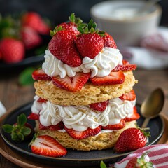  Strawberry shortcake with layers of sweet biscuits, fresh strawberries, and whipped cream.