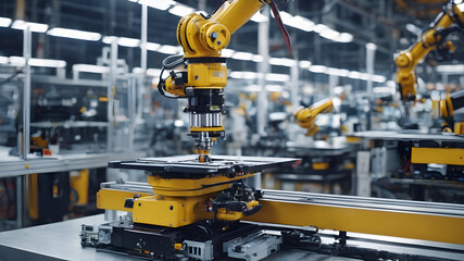 A robotic arm in a manufacturing plant, assembling electronic components with precision. The scene highlights the role of robotics in industrial automation and advanced manufacturing