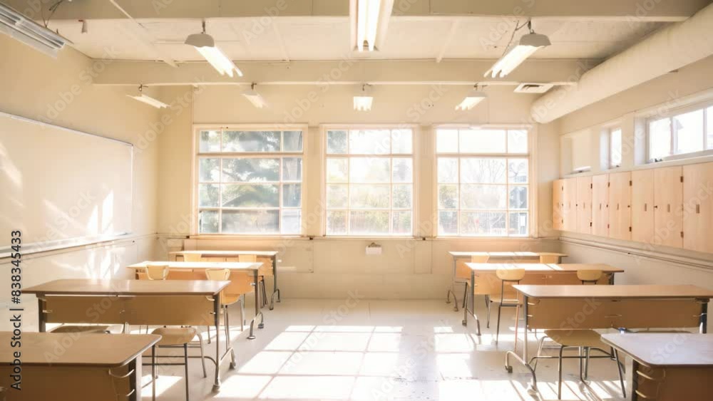 Poster an empty classroom with rows of desks and a chalkboard at the front, illuminated by soft white light