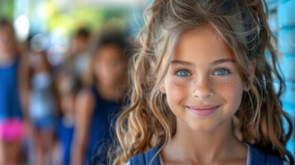 Obraz premium Smiling girl with long curly hair standing in line, surrounded by friends on a sunny day. Bright and happy faces outdoors in summer.