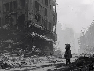 Black and White Illustration of a Young Child Standing Amidst the Ruins of a War-Torn City - Monochromatic Artwork Depicting Devastation and Urban Decay