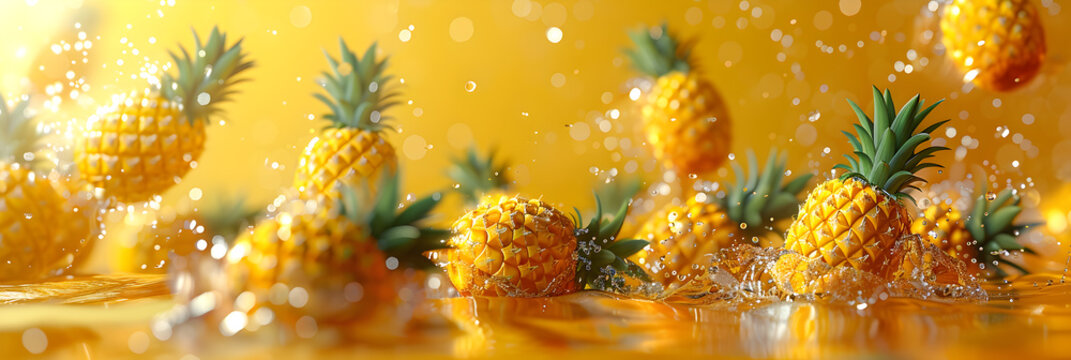 Tropical summer background with pineapples and juice splashes, banner