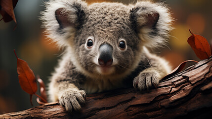 Intimate close-up of a koala focuses on its expressive eyes and rounded ears. The koala's serene demeanor and distinctive markings are clearly visible, highlighting the koala's peaceful behavior.