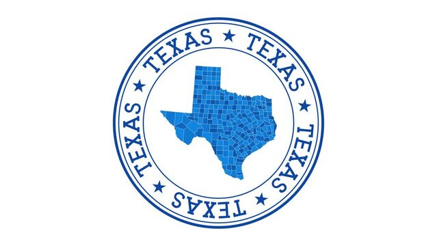 Texas intro. Badge with the circular name and map of US state. Texas round logo animation.