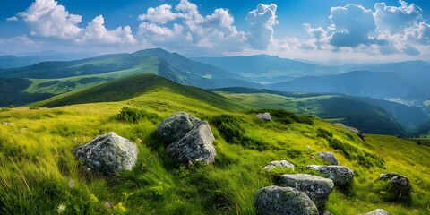 Fototapeta premium Mountain Meadow Landscape With Rocks and Blue Sky in the Carpathian Mountains. Generative AI