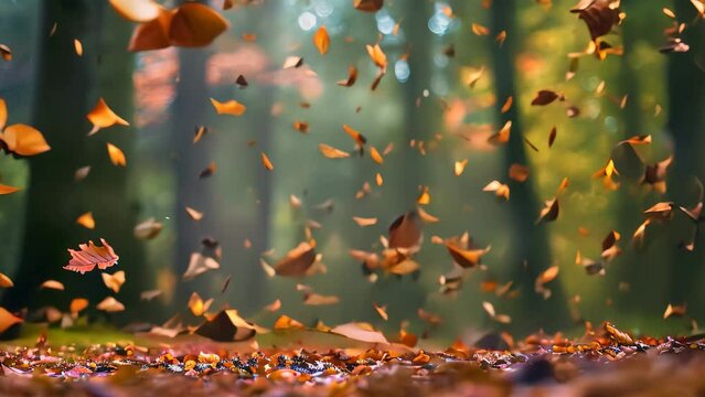 A forest filled with leaves of various colors cascading through the air on a breezy day, A serene forest with colorful leaves falling gently to the ground