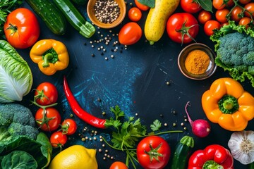 Colorful assortment of fresh vegetables on dark background