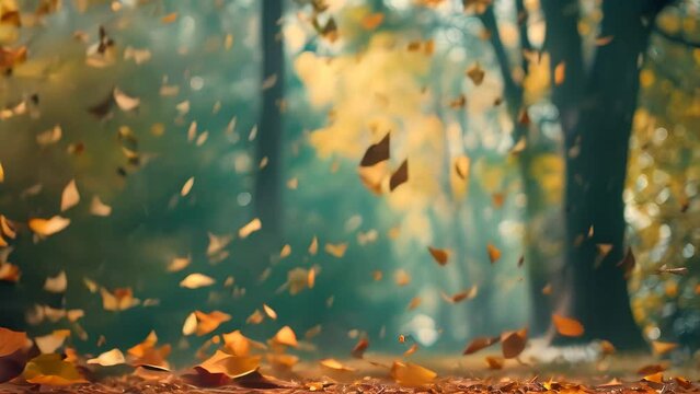 A forest filled with lots of leaves flying in the air, A serene forest with colorful leaves falling gently to the ground