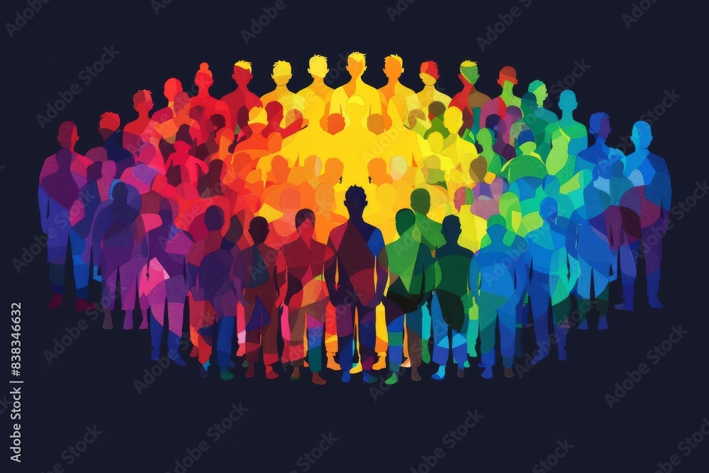 Poster silhouettes in a rainbow circle symbolizing unity and diversity in a vibrant and dynamic digital ill