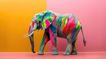 Fototapeta premium Studio photo of colorful painted elephant in vibrant bright colors , creativity and standing out concept