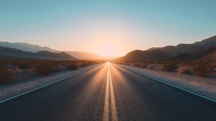 Empty Desert Highway at Sunset With Mountains in the Distance. Generative AI