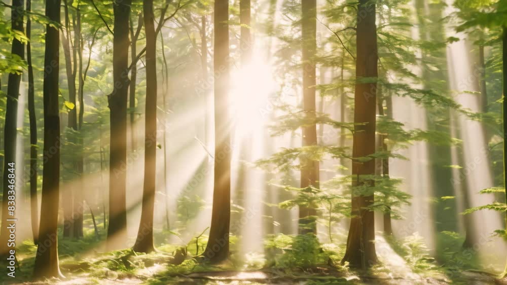 Aufkleber dense forest with numerous trees illuminated by sunlight streaming through the canopy, a serene fore