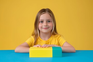 Smiling young girl with a yellow gift box on a blue and yellow background