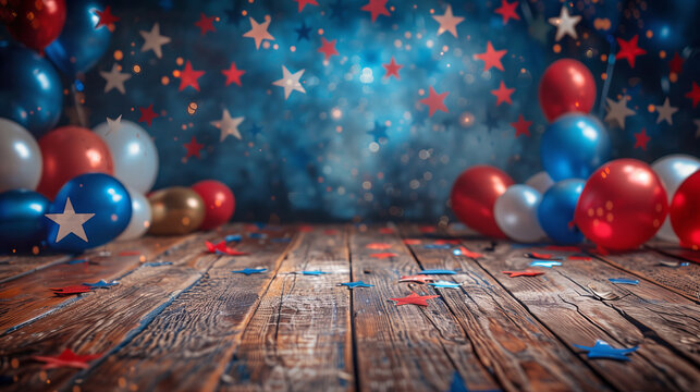 A wooden floor with red, white and blue balloons and confetti background for product display, American patriotic celebration