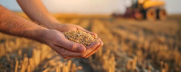hands holding grain on blurred wheat field and combine harvester background, rich harvest time concept, agricultural banner, farm wallpaper