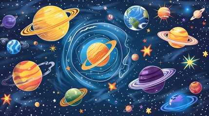 Naklejka premium Detailed of the Vibrant Solar System with Diverse Celestial Bodies and Cosmic Phenomena
