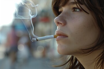 Fototapeta premium Close-up portrait of a young woman smoking a cigarette outdoors