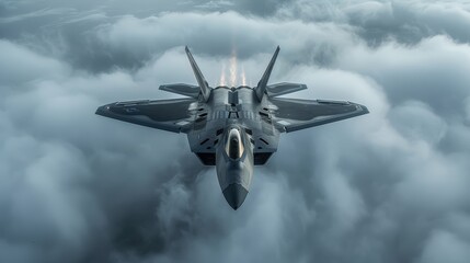 Top view of a sleek, modern fighter jet flying above the clouds, showcasing advanced aviation technology and strategic aerial capabilities.
