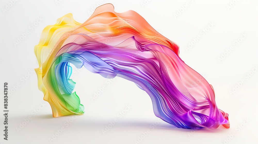 Poster abstract vibrant rainbow-colored flowing shape on white background, showcasing motion and fluidity i