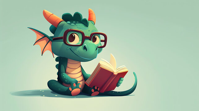 a cartoon image of a dragon reading a book.