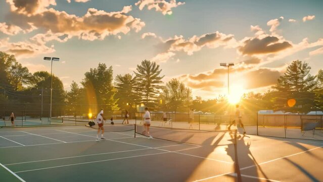 Multiple individuals standing on the elevated surface of a tennis court, A serene video of players enjoying a friendly game of pickleball at sunset