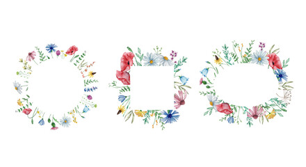 Watercolor frames set with wildflowers, summer floral
