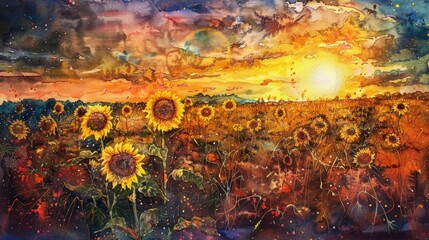 Sunflowers on a field at sunset. Watercolor painting