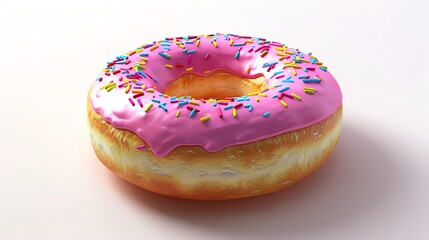 Delicious donut with pink icing and colorful sprinkles on a white background. Perfect for breakfast or a sweet treat.