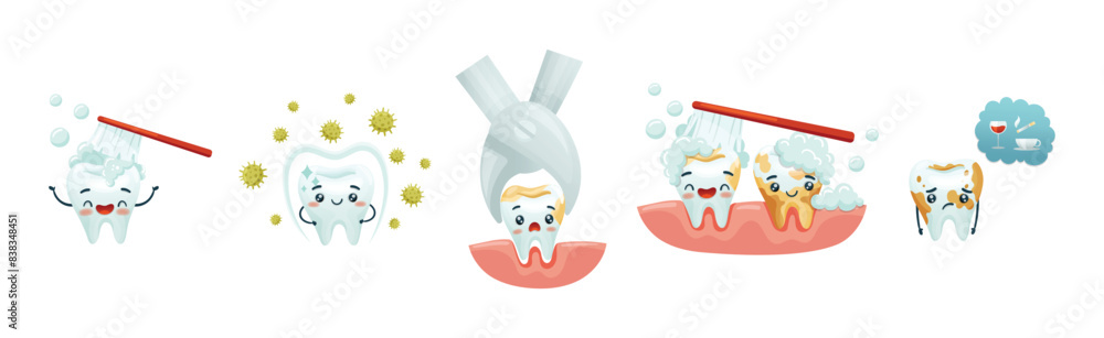 Poster cute tooth character with smiling face vector set