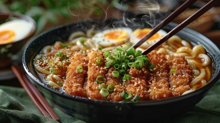 Fototapeta premium Steaming bowl of ramen with crispy chicken, soft-boiled egg, and green onions. Delicious and flavorful Japanese cuisine in a black bowl.