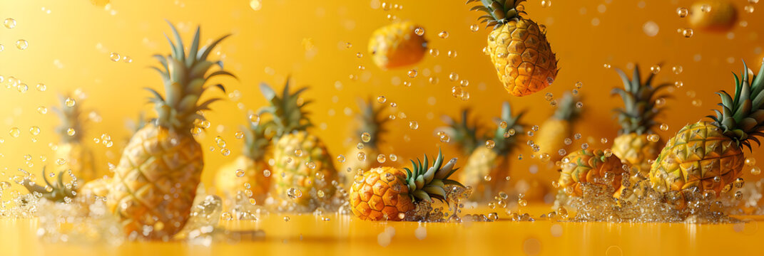Tropical summer background with pineapples and juice splashes, banner