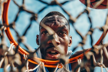 Intense basketball player focused on the game through hoop net