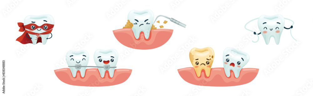 Poster cute tooth character with smiling face vector set