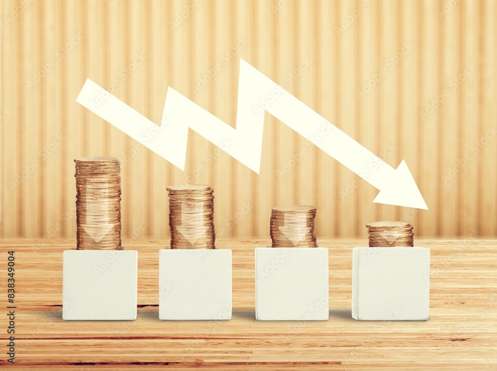 Poster cost reduction, coins stacking with arrow.