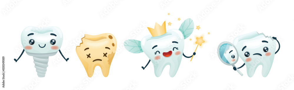 Poster cute tooth character with smiling face vector set
