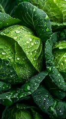 Fototapeta premium Close Up of Fresh Green Cabbage Leaves Covered in Dew Drops. Generative AI