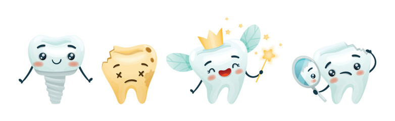 Cute Tooth Character with Smiling Face Vector Set