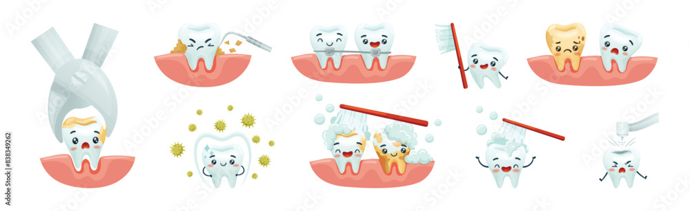 Poster cute tooth character with smiling face vector set
