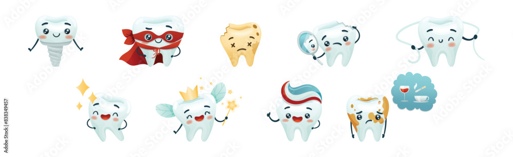 Poster cute tooth character with smiling face vector set