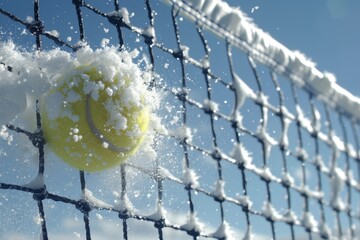 Winter tennis concept with a yellow ball on a snowy net