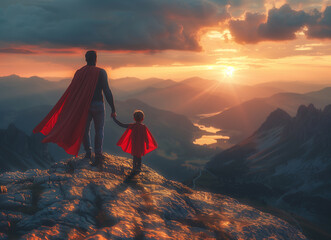 Obraz premium Postcard in superhero style. Father wearing superman costume holding hand of his son over sunset on the top of mountain.